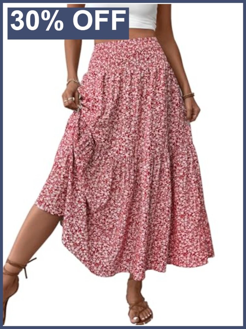 Boho Floral Maxi Skirt Smocked High Waist with Pockets